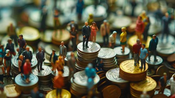 Miniature figures standing on piles of coins