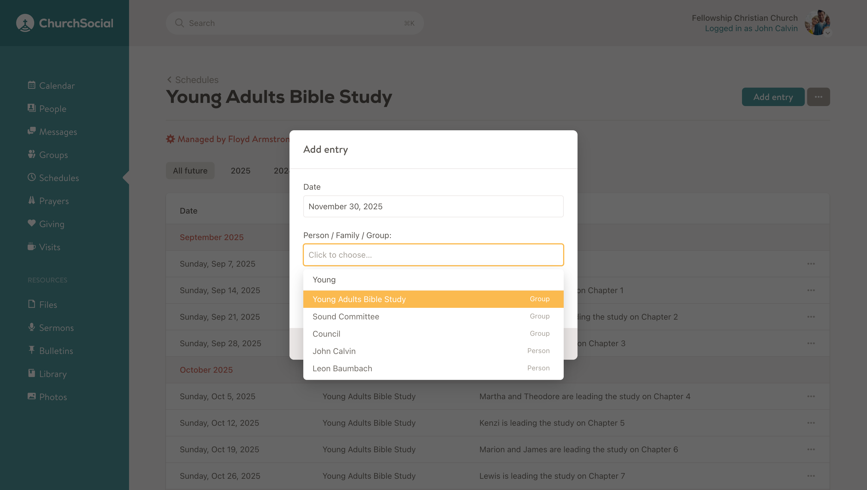 Screenshot of types in schedule dialog