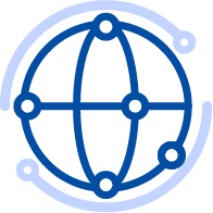 A blue outline of a globe with connecting points, representing global networking or connectivity.  