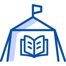 Icon of a tent with an open book inside and a small flag on top, representing education in emergencies or temporary schooling in crisis settings.
