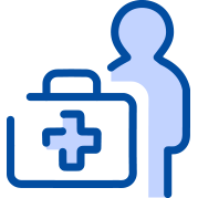 Icon representing health assistance, with a person standing beside a medical bag marked with a cross.