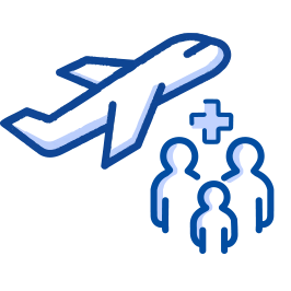 A plane flying above three human figures, with a medical cross symbol beside them, indicating air evacuation for people needing medical care. 