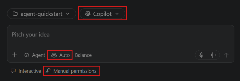 Screenshot of selecting the Copilot agent harness, Agent role, and Manual permissions in the redesigned new-session input.