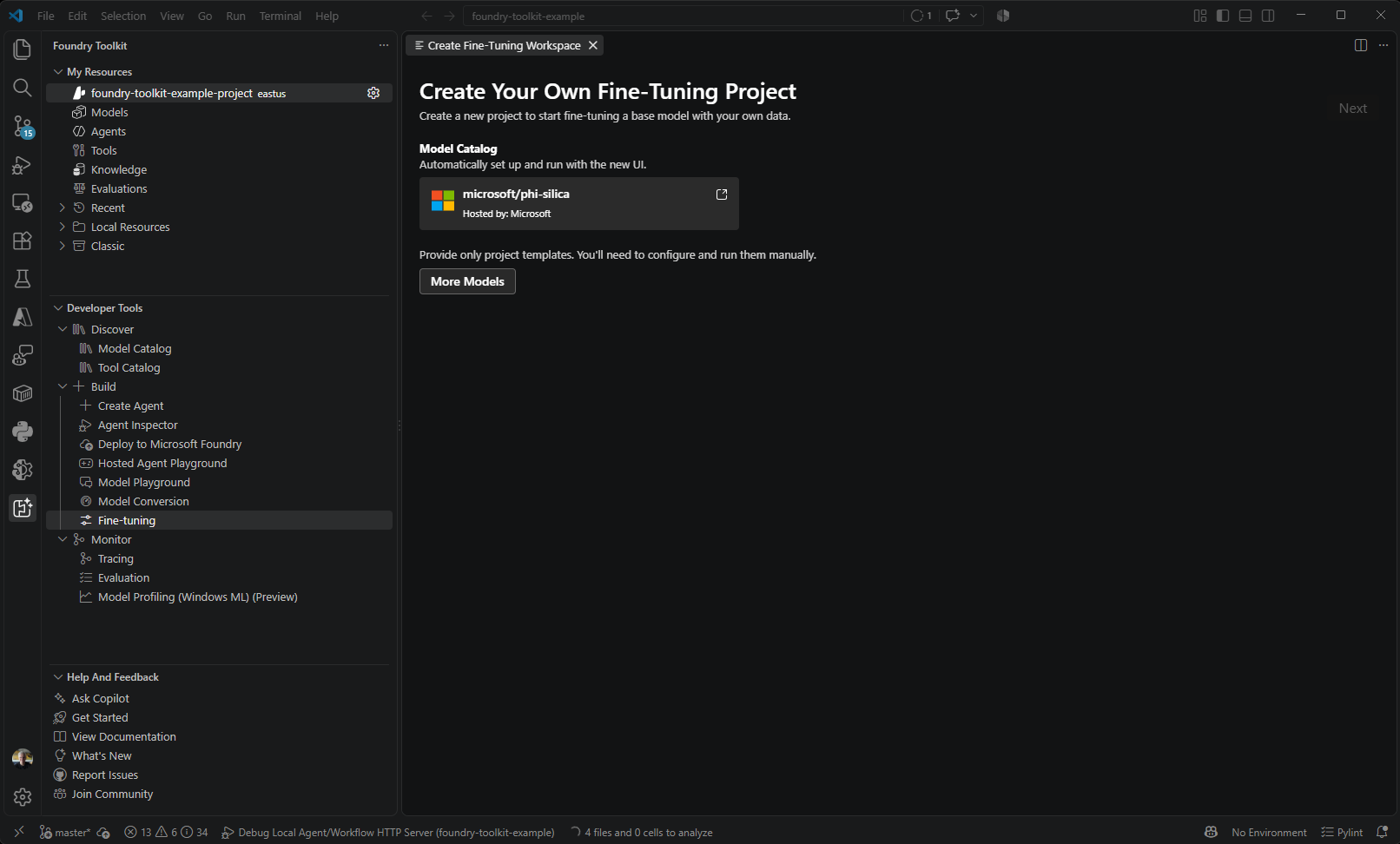 Screenshot showing the Fine-tuning interface with model adaptation and training controls