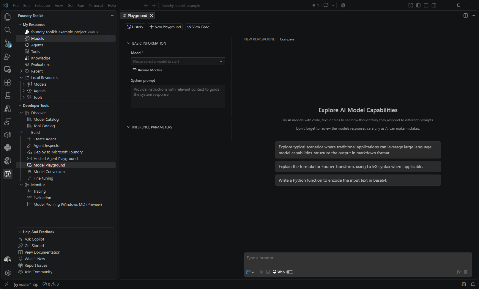 Screenshot showing the Foundry Toolkit Playground interface with chat messaging and model parameter controls