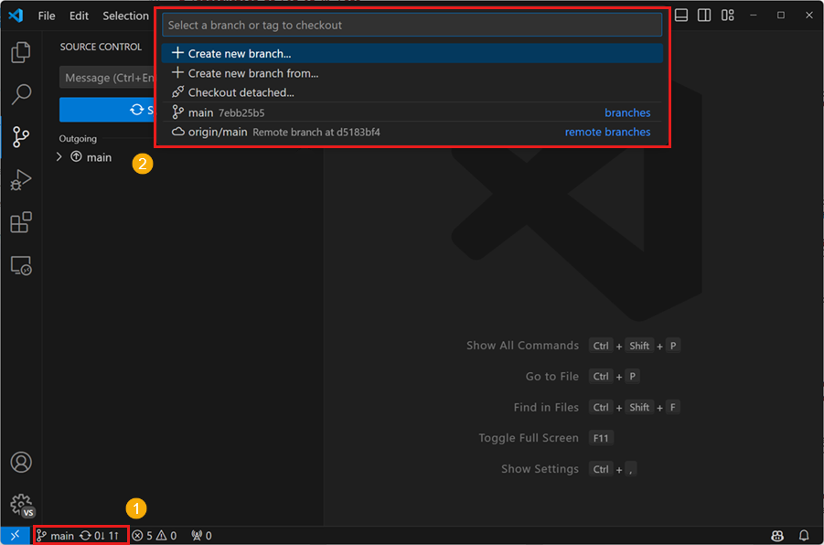 Screenshot showing the branch picker with Create new branch and Create new branch from actions.