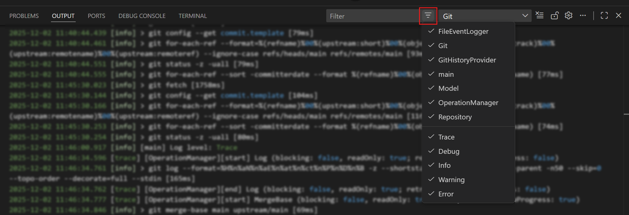 Screenshot showing log level and category filters in the Git Output window.