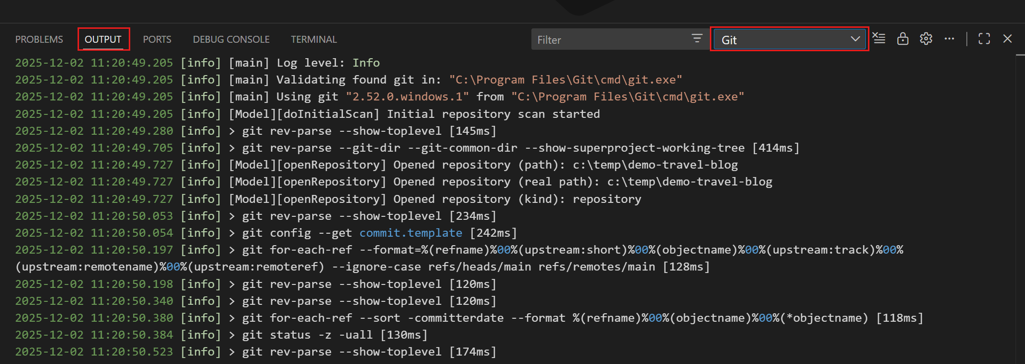 Screenshot showing the Git output channel in the Output panel.