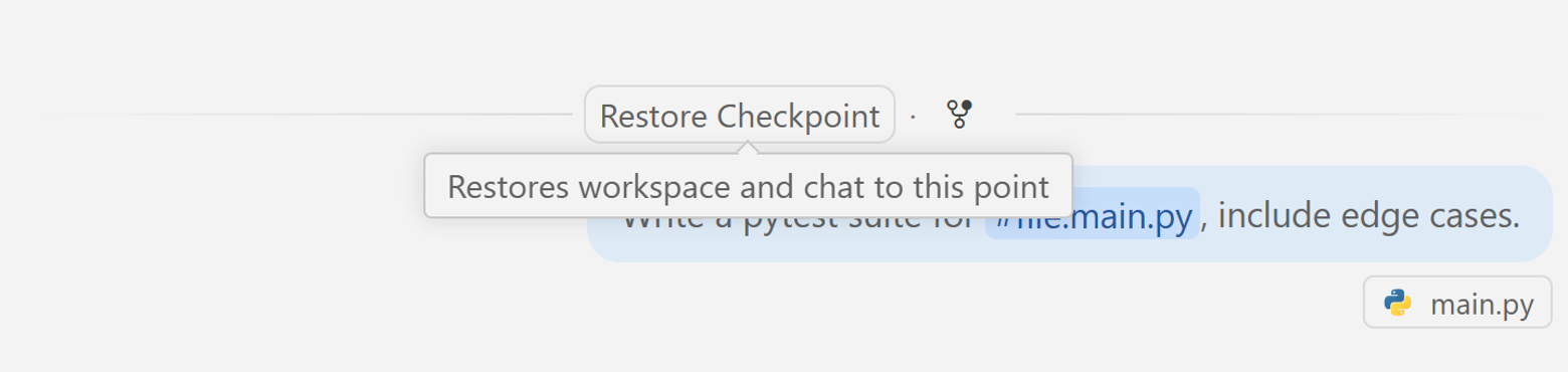 Restore Checkpoint control in VS Code chat for rolling back an agent session to an earlier state