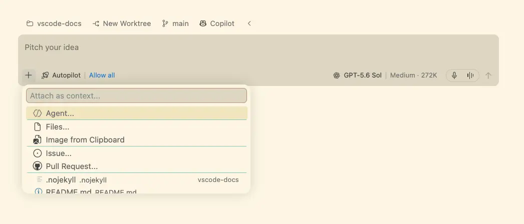 Screenshot showing the Add Context picker anchored beside the chat input button.
