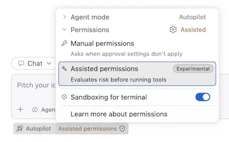 Screenshot showing the Copilot permission picker with Manual and Assisted permissions available and Allow All absent.