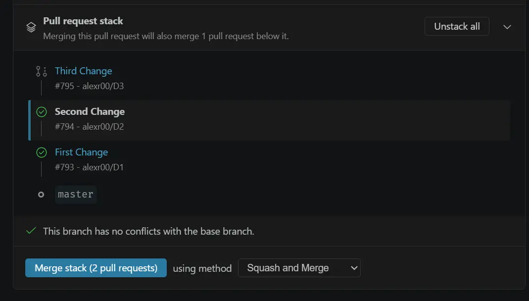 Screenshot showing a stacked pull request.