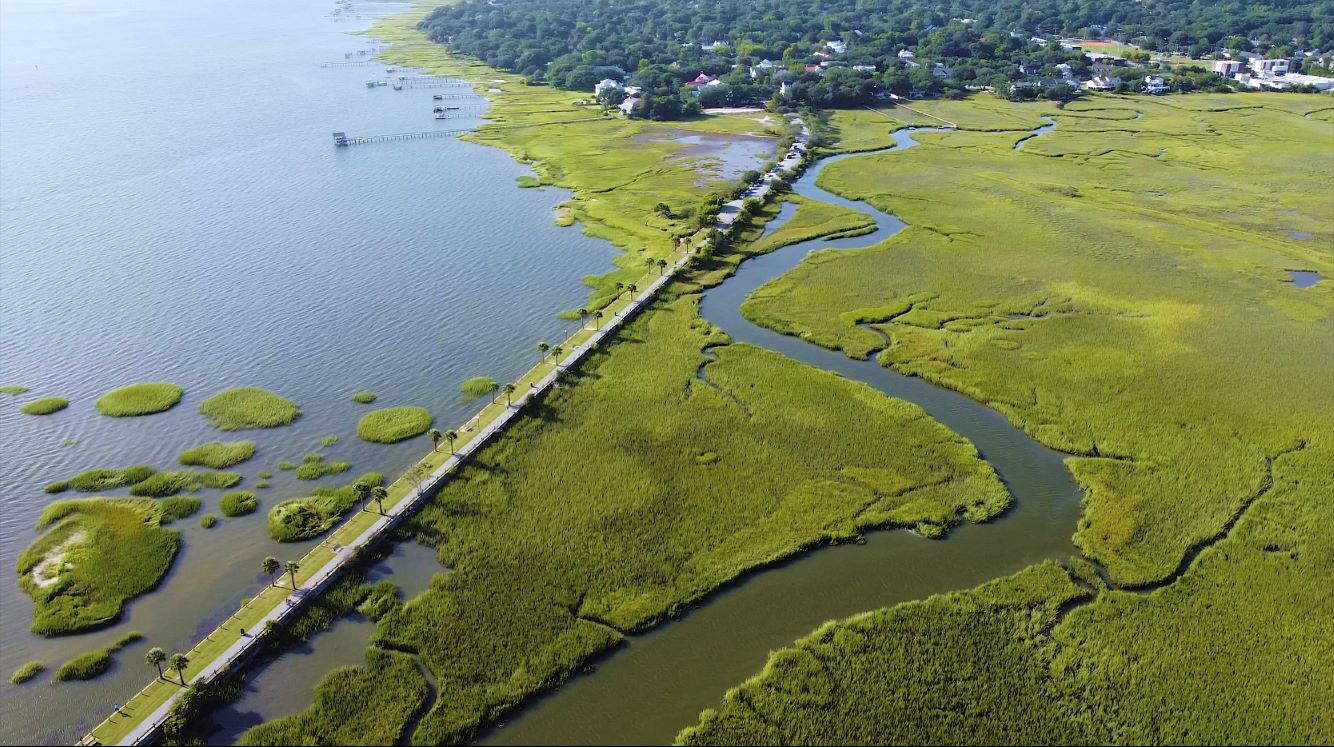 Ariel photo of road next to tidelands