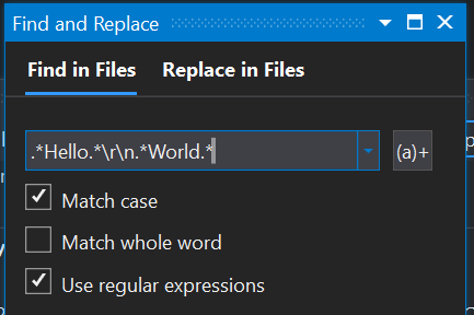 A screen capture of the Find in Files dialog with a regular expression being used. 