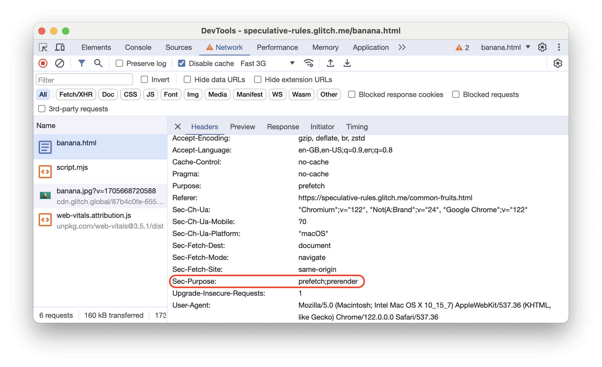 Panel Jaringan Chrome DevTools yang menampilkan header Sec-Purpose untuk halaman yang telah di-prerender