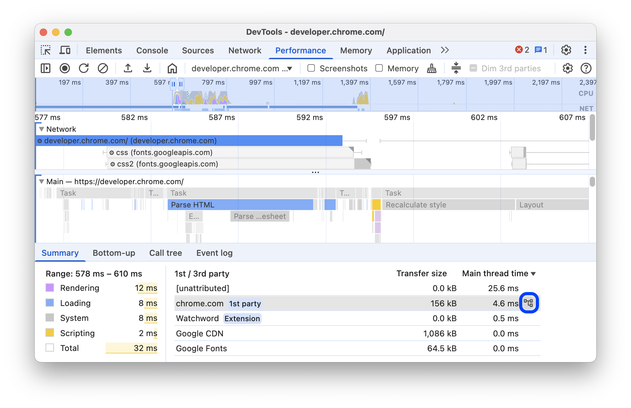 Bouton "De bas en haut" à côté d'une entité dans le tableau.