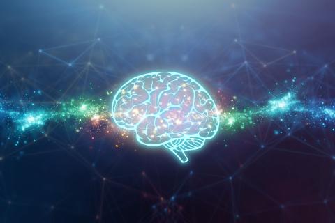 Um contorno azul vibrante e brilhante de um cérebro humano situa-se numa rede tecnológica escura. Uma brilhante faixa horizontal de brilhos verdes e dourados passa por ela, sugerindo inteligência artificial.
