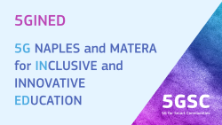 he text reads: '5GINED – 5G NAPLES and MATERA for INCLUSIVE and INNOVATIVE EDUCATION.' In the bottom right corner, a purple and blue gradient triangle displays the logo '5GSC – 5G for Smart Communities.'