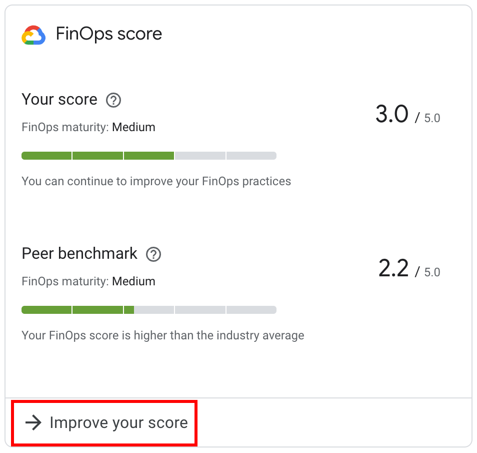 Esempio del widget del punteggio FinOps.