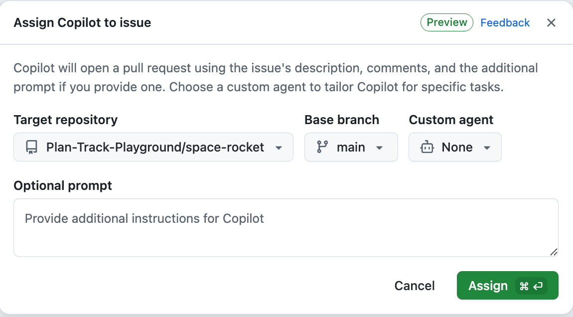Screenshot of "Assign to Copilot" dialog showing options for target repository, starting branch, custom agent, and additional instructions.