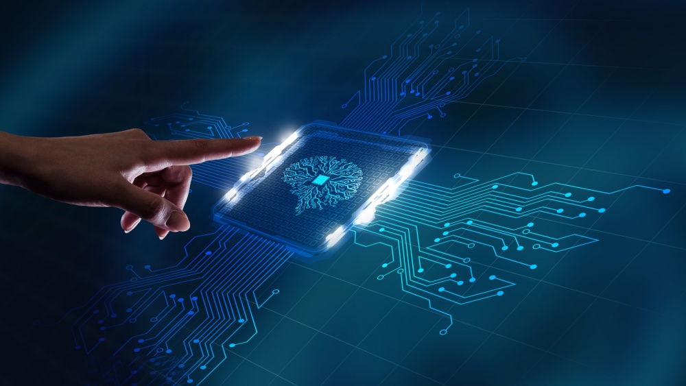 person's finger going to touch an electronic screen featuring a chip design with a brain made of network points inside