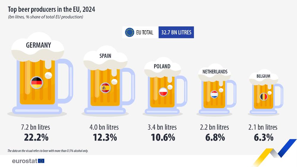 Top beer producers in the EU, 2024 (bn litres and % share of total EU production). Infographic. Link to full dataset below.