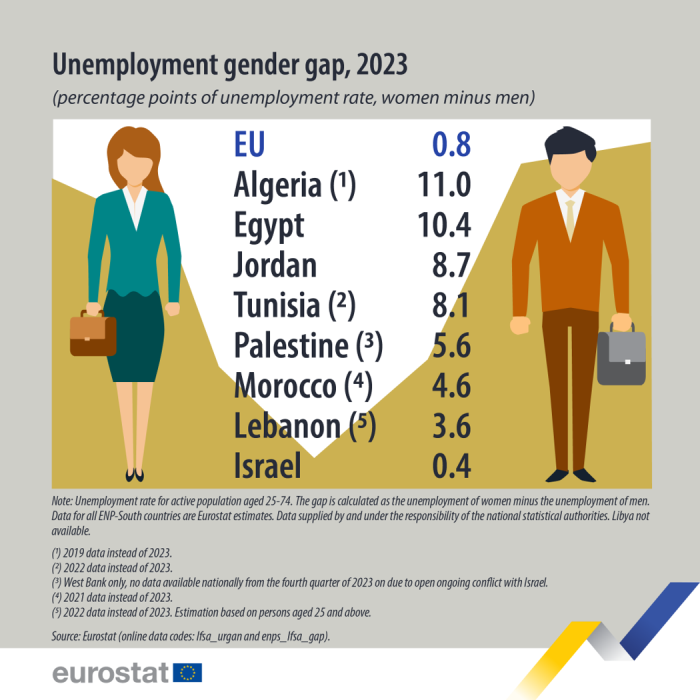 a visual showing the unemployment gender gap in percentage points in the EU, Palestine, Algeria, Jordan, Tunisia, Egypt, Morocco, Lebanon, and Israel in 2023.