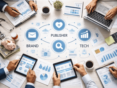 A top-down view of diverse healthcare and marketing professionals collaborating around a table with digital tablets, charts, a piggy bank, and labeled icons for 