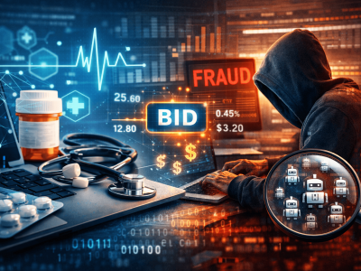 Digital illustration contrasting healthcare media with ad fraud: stethoscope, pills, and medical data on one side; hacker and 