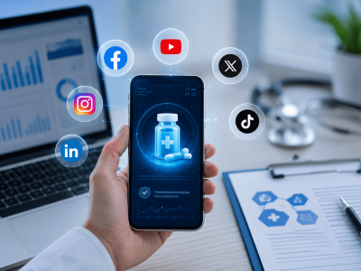 Pharma social media advertising concept showing a smartphone with medication and social media platforms in a healthcare marketing workspace.
