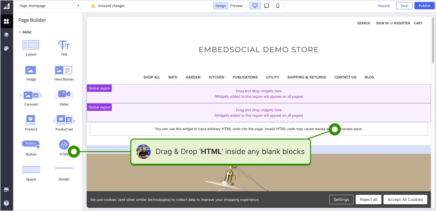 drag and dropping html element inside the block