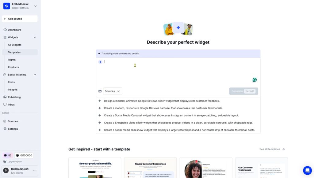 choisir une invite de création de widget dans embedsocial