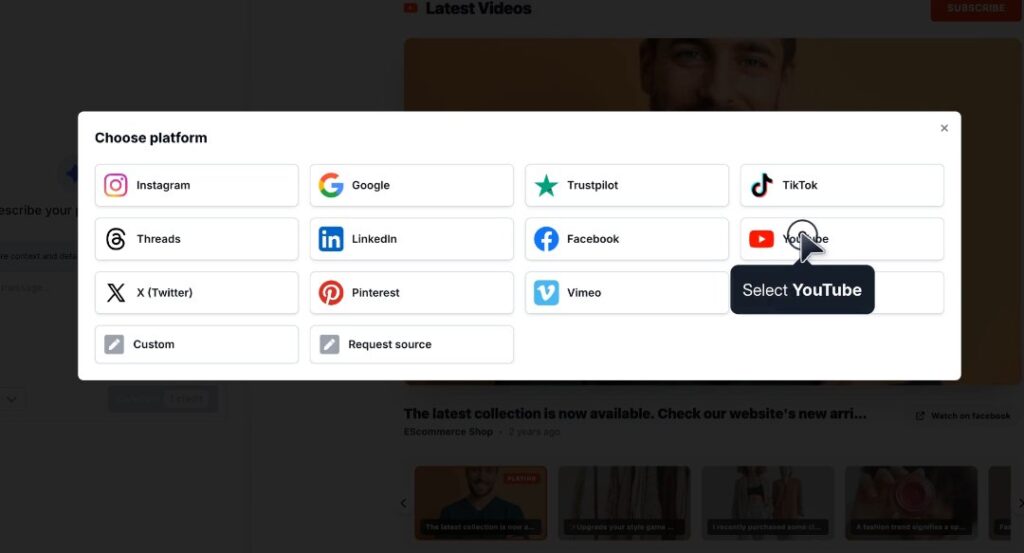Sélectionnez la source vidéo comme YouTube