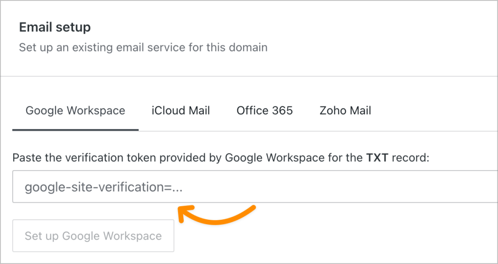 Caixa de texto para adicionar o registro TXT de verificação do Google Workspace.