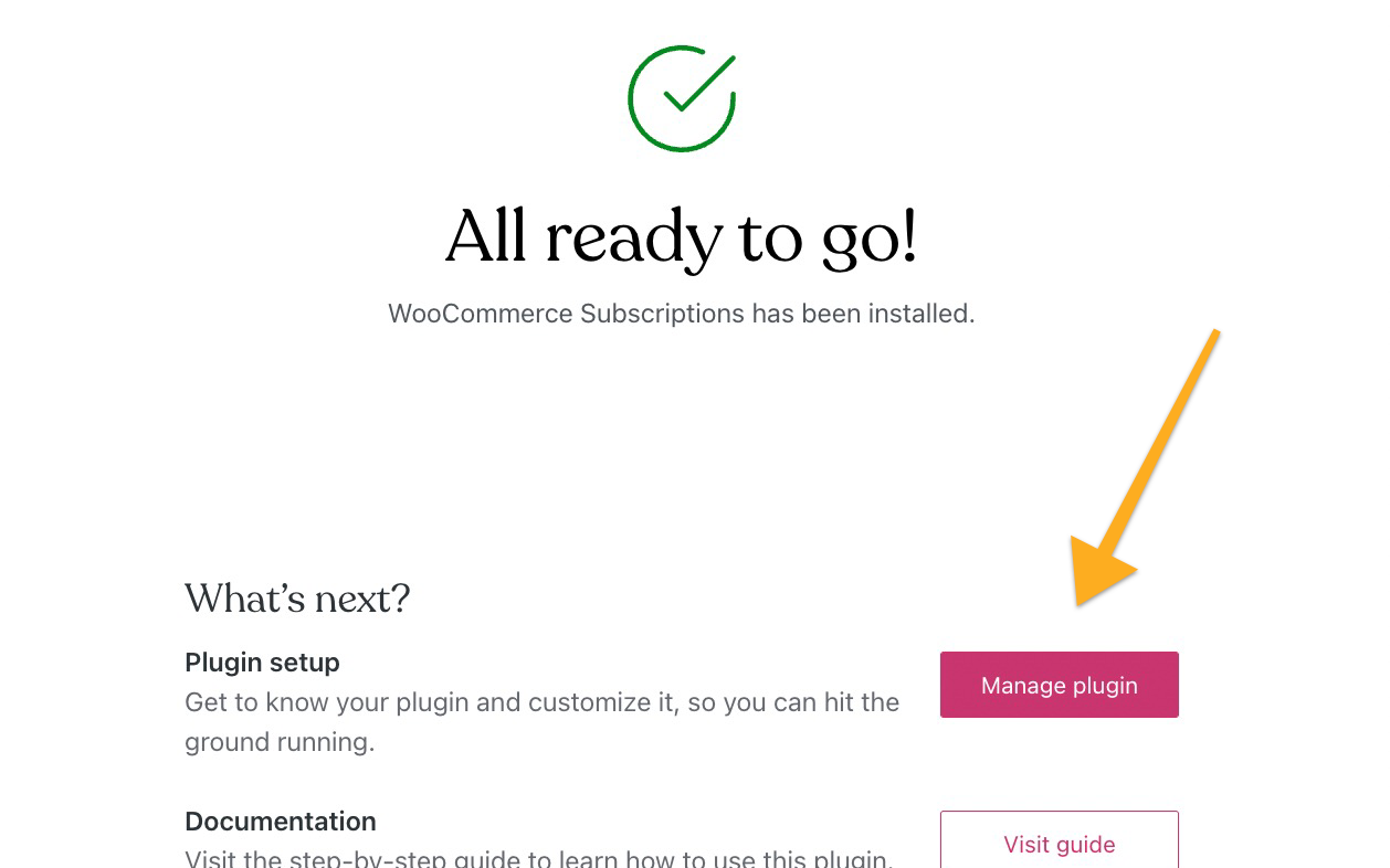 Screen confirming plugin installation and activation, and an arrow pointing to the "Manage plugin" button.