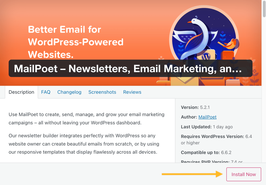 Screenshot of the plugin module for MailPoet in WP Admin. An arrow is point to the "Install Now" button for the plugin.