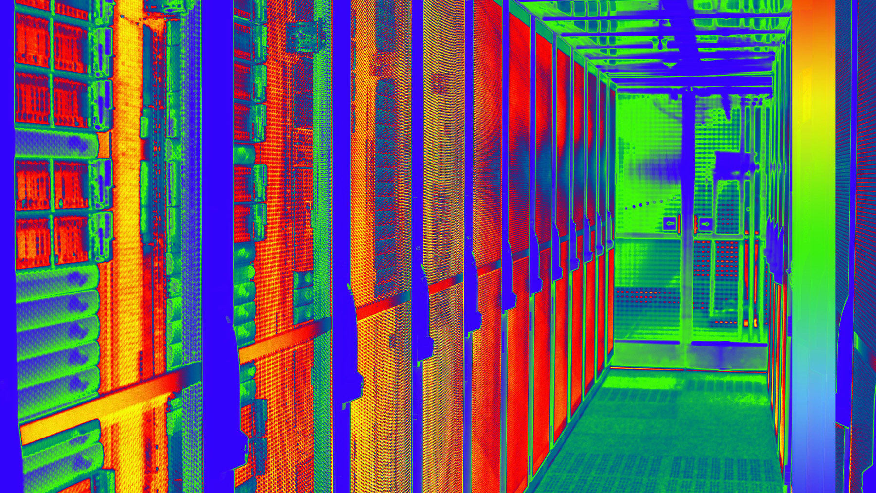 Thermal image of a cold aisle with server racks in a data center.