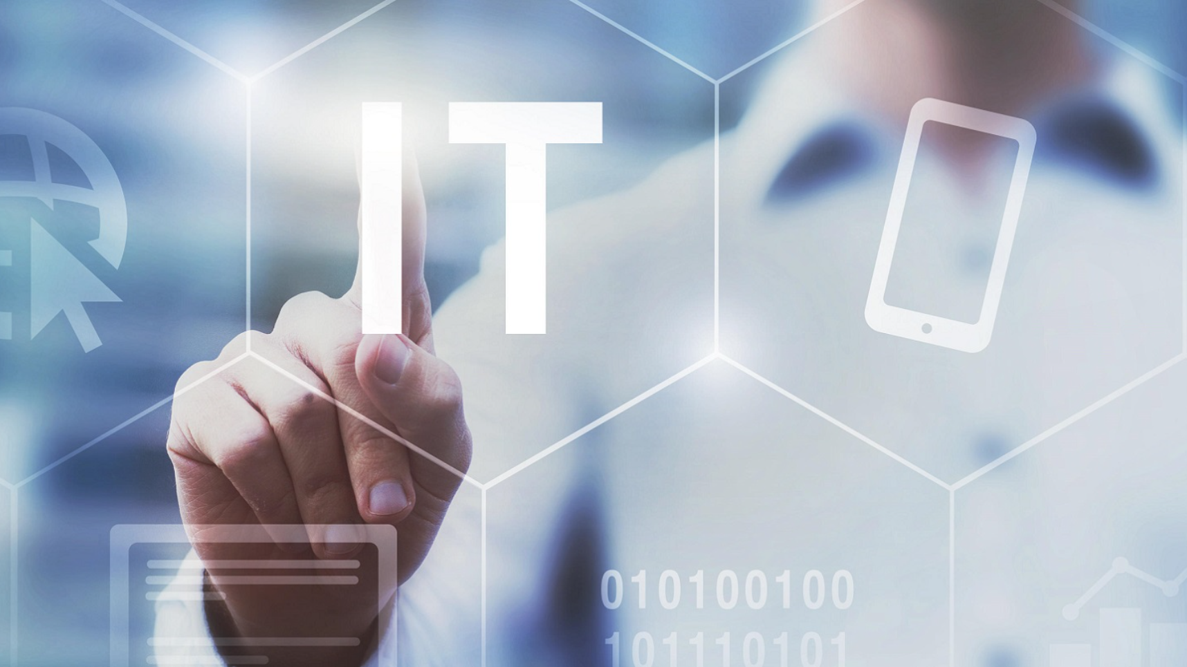 IT worker pressing an IT button on a screen