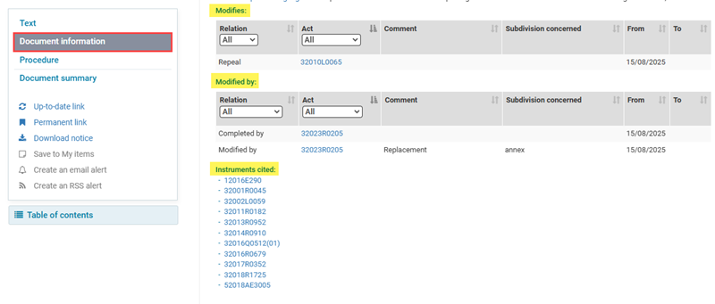 Screenshot of a document information section highlighting the amendment details.