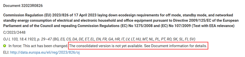 Screenshot of a document header highlighting the text next to the 'in force' indicator, which states that there has been an amendment but no consolidated version is available.