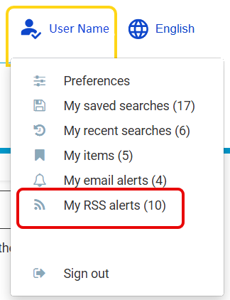 Screenshot of a My EUR-Lex drop-down menu with 'My RSS alerts' highlighted.