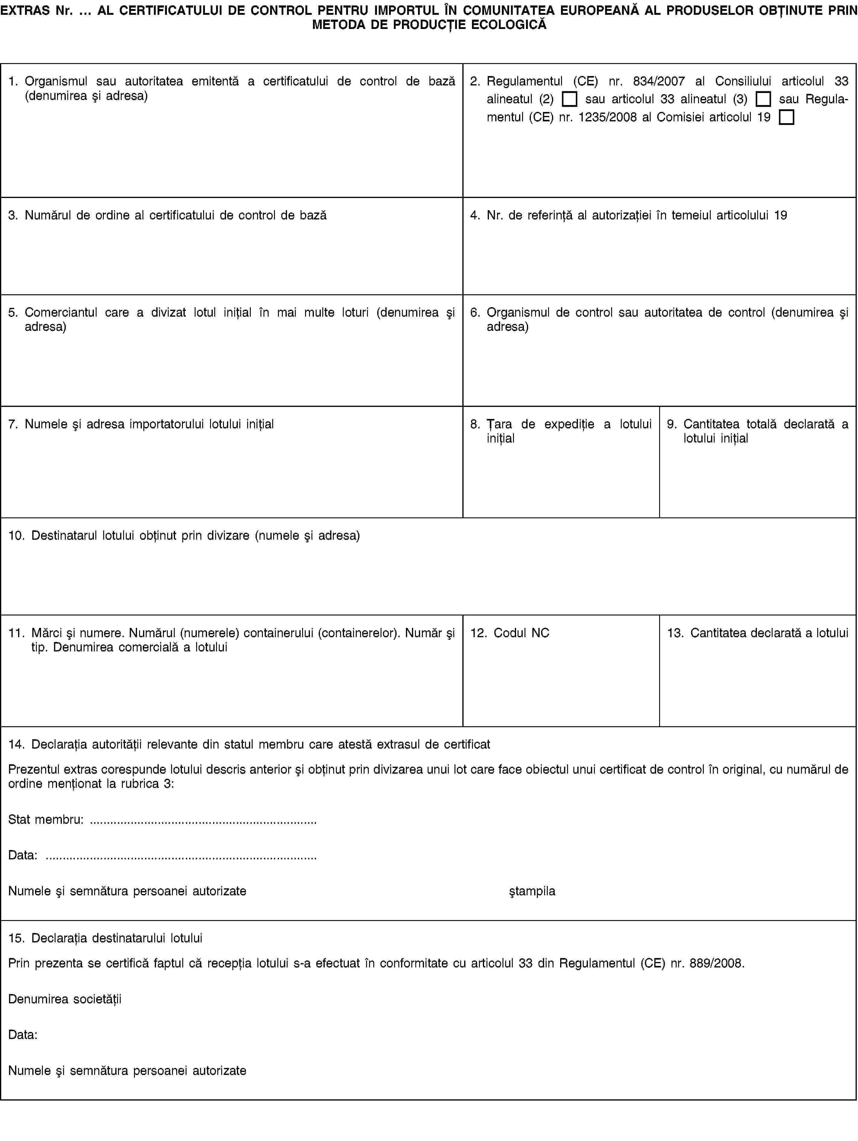 EXTRAS Nr. … AL CERTIFICATULUI DE CONTROL PENTRU IMPORTUL ÎN COMUNITATEA EUROPEANĂ AL PRODUSELOR OBȚINUTE PRIN METODA DE PRODUCȚIE ECOLOGICĂ1. Organismul sau autoritatea emitentă a certificatului de control de bază (denumirea și adresa)2. Regulamentul (CE) nr. 834/2007 al Consiliului articolul 33 alineatul (2) sau articolul 33 alineatul (3) sau Regulamentul (CE) nr. 1235/2008 al Comisiei articolul 193. Numărul de ordine al certificatului de control de bază4. Nr. de referință al autorizației în temeiul articolului 195. Comerciantul care a divizat lotul inițial în mai multe loturi (denumirea și adresa)6. Organismul de control sau autoritatea de control (denumirea și adresa)7. Numele și adresa importatorului lotului inițial8. Țara de expediție a lotului inițial9. Cantitatea totală declarată a lotului inițial10. Destinatarul lotului obținut prin divizare (numele și adresa)11. Mărci și numere. Numărul (numerele) containerului (containerelor). Număr și tip. Denumirea comercială a lotului12. Codul NC13. Cantitatea declarată a lotului14. Declarația autorității relevante din statul membru care atestă extrasul de certificatPrezentul extras corespunde lotului descris anterior și obținut prin divizarea unui lot care face obiectul unui certificat de control în original, cu numărul de ordine menționat la rubrica 3:Stat membru: …Data: …Numele și semnătura persoanei autorizateștampila15. Declarația destinatarului lotuluiPrin prezenta se certifică faptul că recepția lotului s-a efectuat în conformitate cu articolul 33 din Regulamentul (CE) nr. 889/2008.Denumirea societățiiData:Numele și semnătura persoanei autorizate