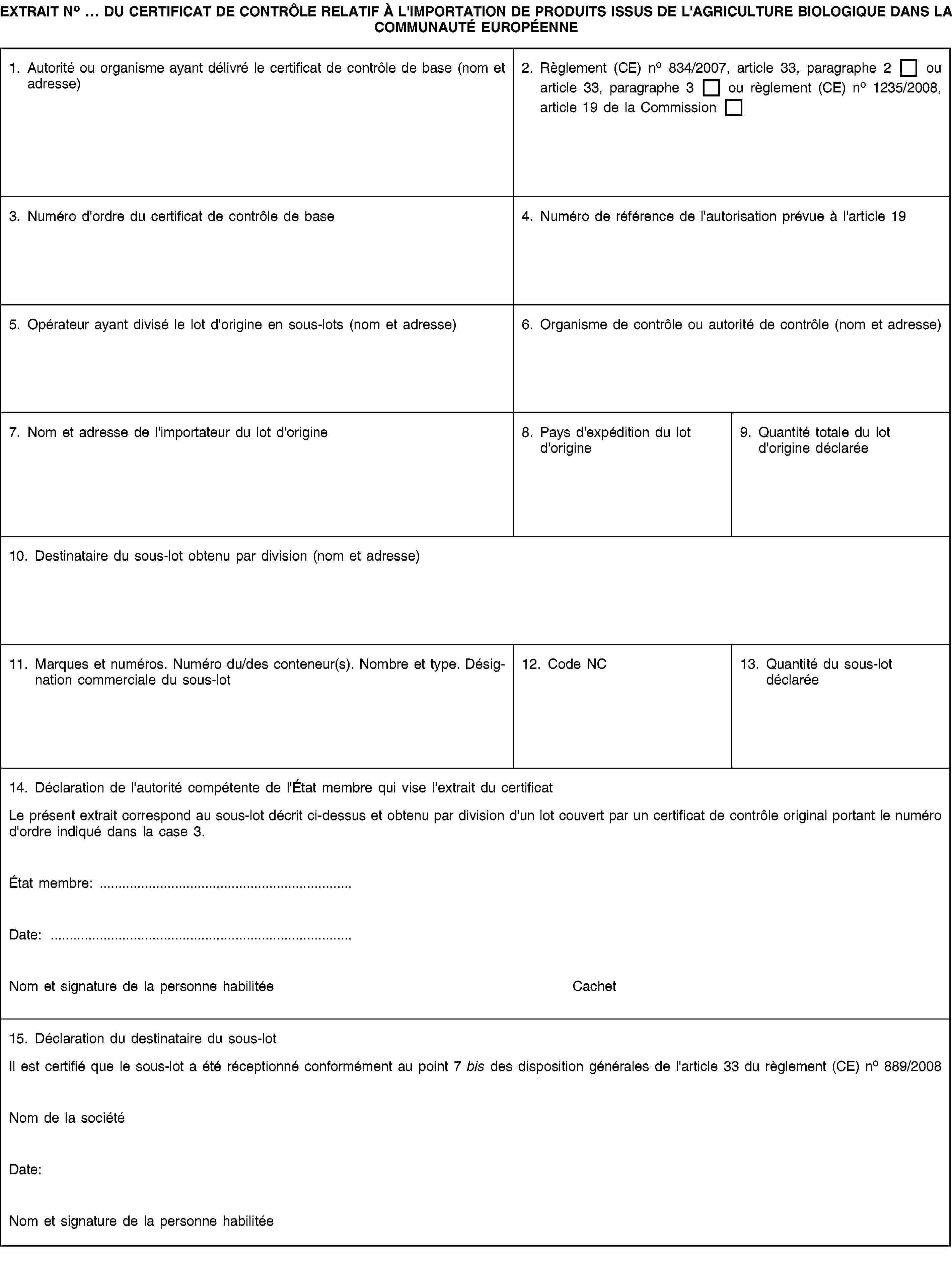 EXTRAIT No … DU CERTIFICAT DE CONTRÔLE RELATIF À L'IMPORTATION DE PRODUITS ISSUS DE L'AGRICULTURE BIOLOGIQUE DANS LA COMMUNAUTÉ EUROPÉENNE1. Autorité ou organisme ayant délivré le certificat de contrôle de base (nom et adresse)2. Règlement (CE) no 834/2007, article 33, paragraphe 2 ou article 33, paragraphe 3 ou règlement (CE) no 1235/2008, article 19 de la Commission3. Numéro d'ordre du certificat de contrôle de base4. Numéro de référence de l'autorisation prévue à l'article 195. Opérateur ayant divisé le lot d'origine en sous-lots (nom et adresse)6. Organisme de contrôle ou autorité de contrôle (nom et adresse)7. Nom et adresse de l'importateur du lot d'origine8. Pays d'expédition du lot d'origine9. Quantité totale du lot d'origine déclarée10. Destinataire du sous-lot obtenu par division (nom et adresse)11. Marques et numéros. Numéro du/des conteneur(s). Nombre et type. Désignation commerciale du sous-lot12. Code NC13. Quantité du sous-lot déclarée14. Déclaration de l'autorité compétente de l'État membre qui vise l'extrait du certificatLe présent extrait correspond au sous-lot décrit ci-dessus et obtenu par division d'un lot couvert par un certificat de contrôle original portant le numéro d'ordre indiqué dans la case 3.État membre: …Date: …Nom et signature de la personne habilitéeCachet15. Déclaration du destinataire du sous-lotIl est certifié que le sous-lot a été réceptionné conformément au point 7 bis des disposition générales de l'article 33 du règlement (CE) no 889/2008Nom de la sociétéDate:Nom et signature de la personne habilitée