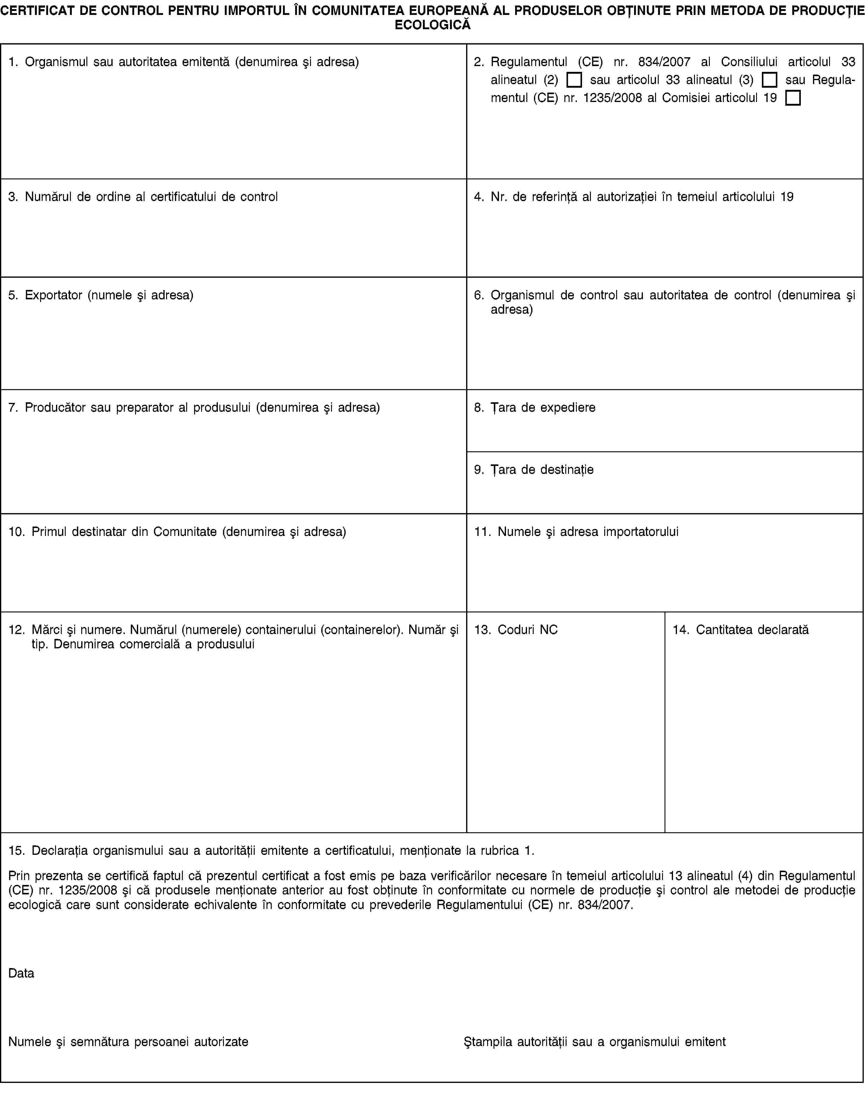 CERTIFICAT DE CONTROL PENTRU IMPORTUL ÎN COMUNITATEA EUROPEANĂ AL PRODUSELOR OBȚINUTE PRIN METODA DE PRODUCȚIE ECOLOGICĂ1. Organismul sau autoritatea emitentă (denumirea și adresa)2. Regulamentul (CE) nr. 834/2007 al Consiliului articolul 33 alineatul (2) sau articolul 33 alineatul (3) sau Regulamentul (CE) nr. 1235/2008 al Comisiei articolul 193. Numărul de ordine al certificatului de control4. Nr. de referință al autorizației în temeiul articolului 195. Exportator (numele și adresa)6. Organismul de control sau autoritatea de control (denumirea și adresa)7. Producător sau preparator al produsului (denumirea și adresa)8. Țara de expediere9. Țara de destinație10. Primul destinatar din Comunitate (denumirea și adresa)11. Numele și adresa importatorului12. Mărci și numere. Numărul (numerele) containerului (containerelor). Număr și tip. Denumirea comercială a produsului13. Coduri NC14. Cantitatea declarată15. Declarația organismului sau a autorității emitente a certificatului, menționate la rubrica 1.Prin prezenta se certifică faptul că prezentul certificat a fost emis pe baza verificărilor necesare în temeiul articolului 13 alineatul (4) din Regulamentul (CE) nr. 1235/2008 și că produsele menționate anterior au fost obținute în conformitate cu normele de producție și control ale metodei de producție ecologică care sunt considerate echivalente în conformitate cu prevederile Regulamentului (CE) nr. 834/2007.DataNumele și semnătura persoanei autorizateȘtampila autorității sau a organismului emitent