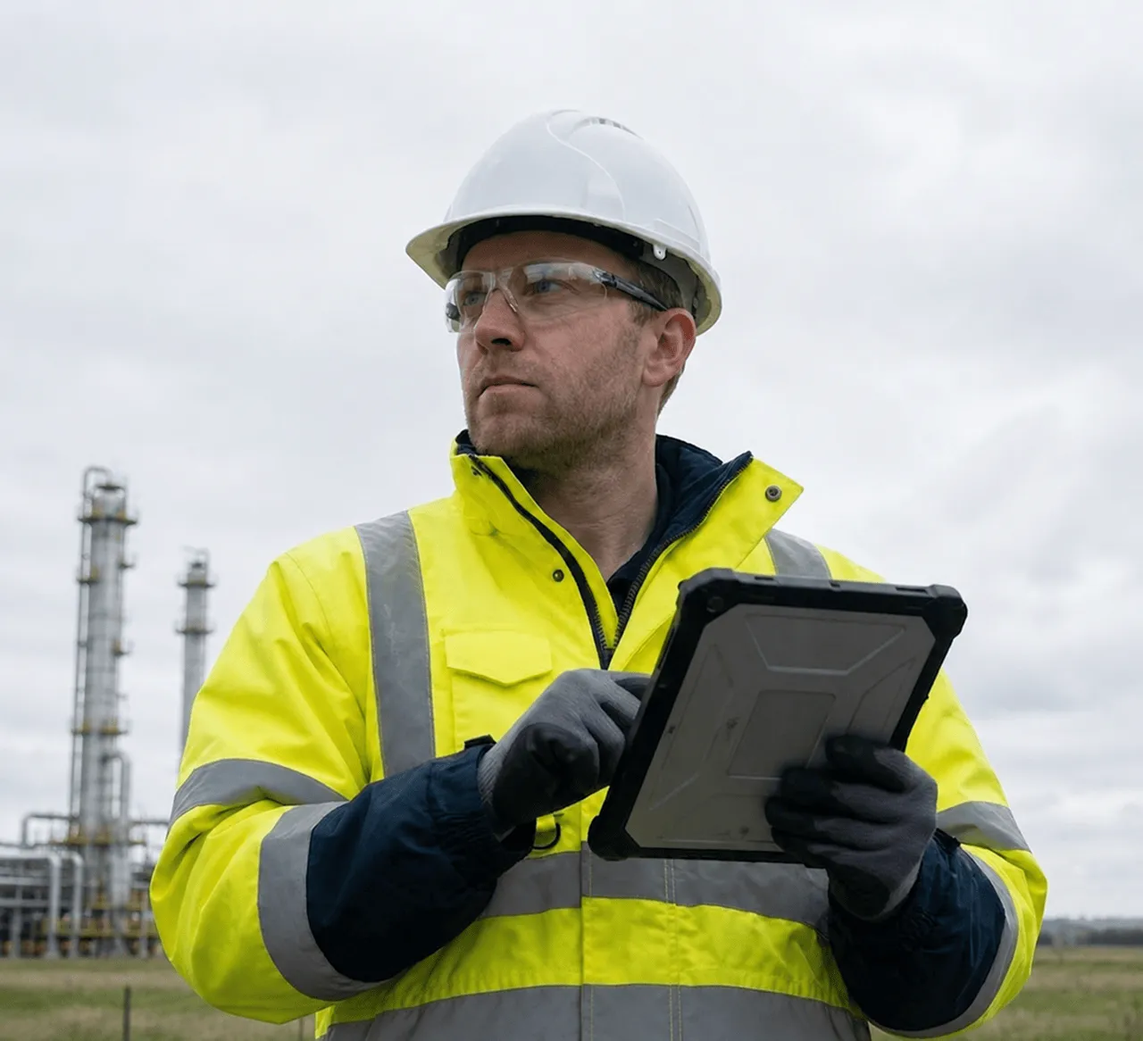Oil and gas field inspector with a tablet at an outdoor facility