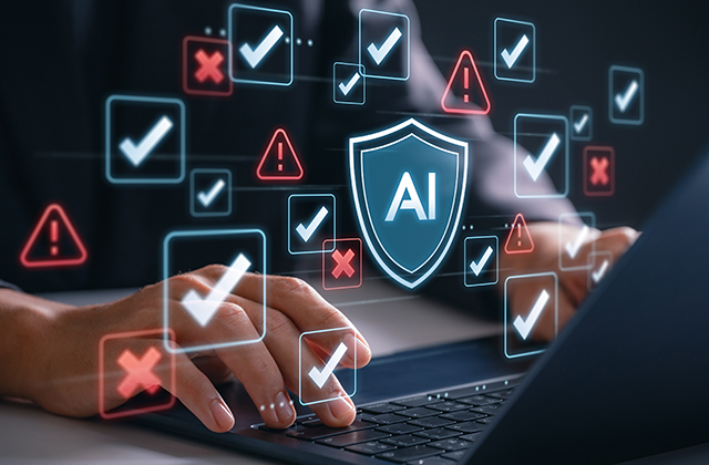 AI risk management and ethics safety concept with checklist and alert icons floating over laptop as professional ensures responsible artificial intelligence system through compliance and validation
