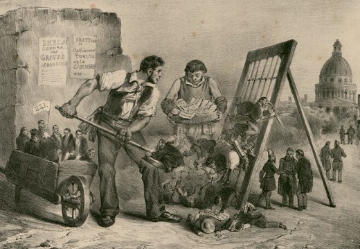 Estampe de Grandville intitulée "Le triage populaire" (1833). Représente deux personnes du peuple qui effectuent, selon la légende, un "grattage et nettoiement public de la Chambre".
