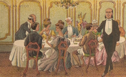 Dans un chic salon de la Belle Epoque, une table est dressée. Des convives en tenue de soirée dégustent un repas composé de... simples pilules !