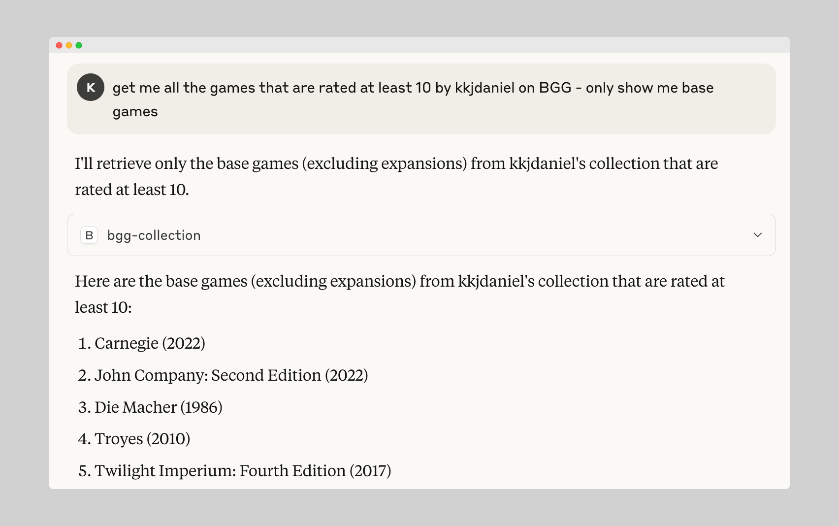 Example of BGG MCP in action