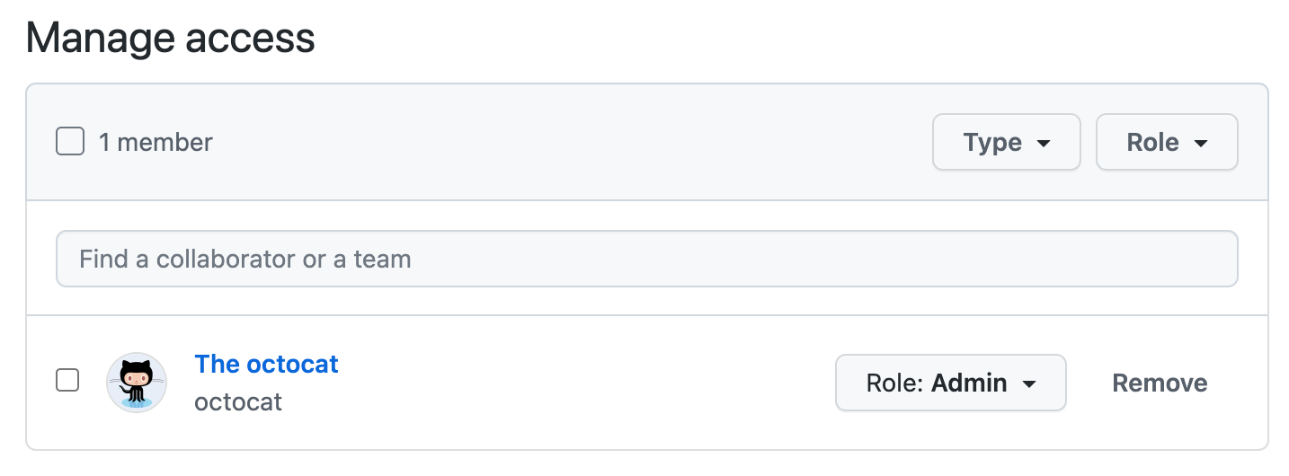 Capture d’écran de la section «&nbsp;Gérer l’accès&nbsp;». L’octocat est listé comme collaborateur.